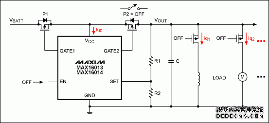 Figure 9. The MAX1613/MAX16014 are used as the main switch to reduce quiescent current consumption if an ECU is in OFF mode.